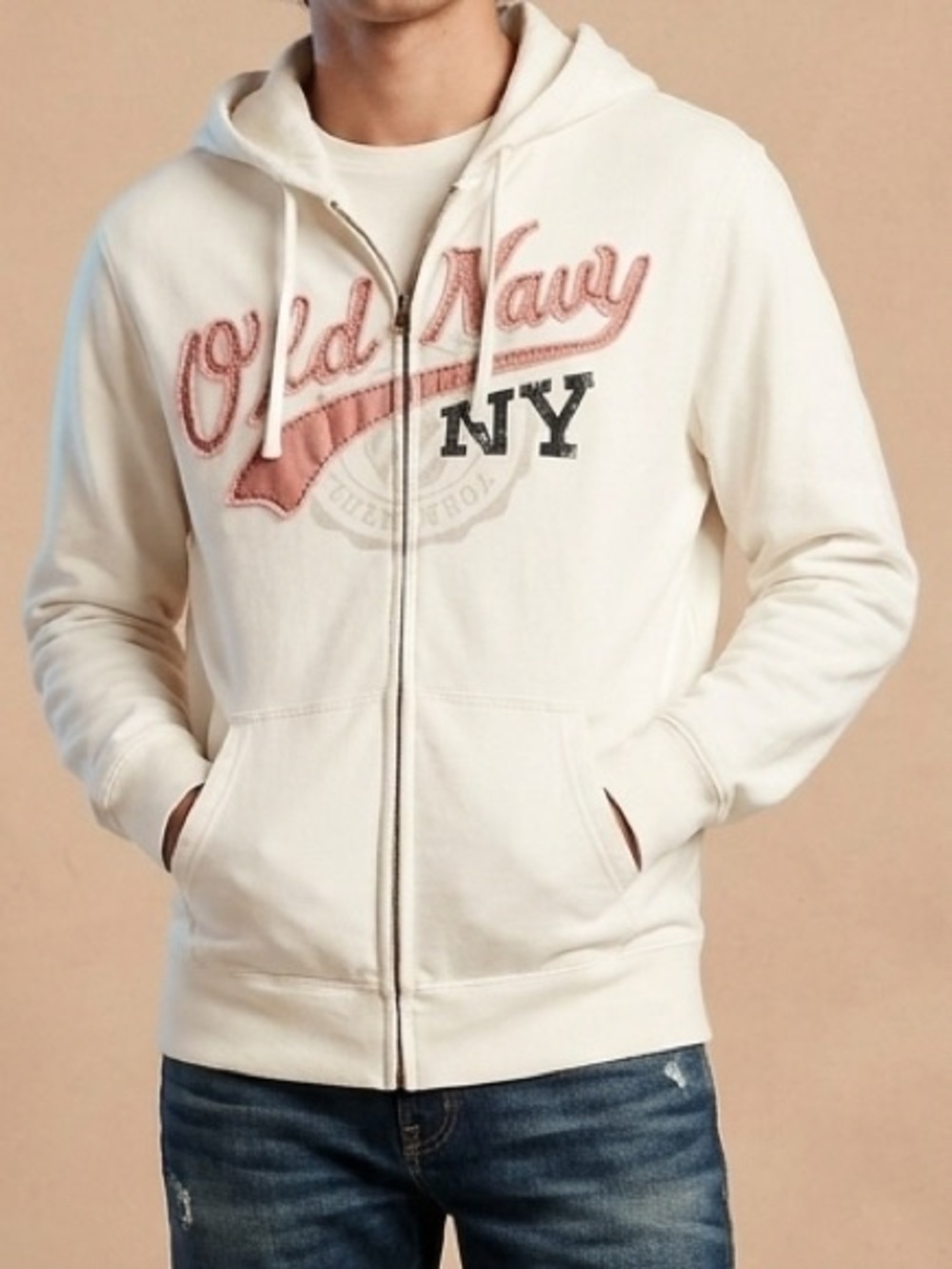 Vintage Y2K Old Navy NY Varsity Zip Up Hoodie Cream M